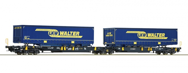 Articulated intermodal car Wascosa loaded with 2 trailers LKW Walter<br /><a href='images/pictures/Roco/Roco-67414.jpg' target='_blank'>Full size image</a>